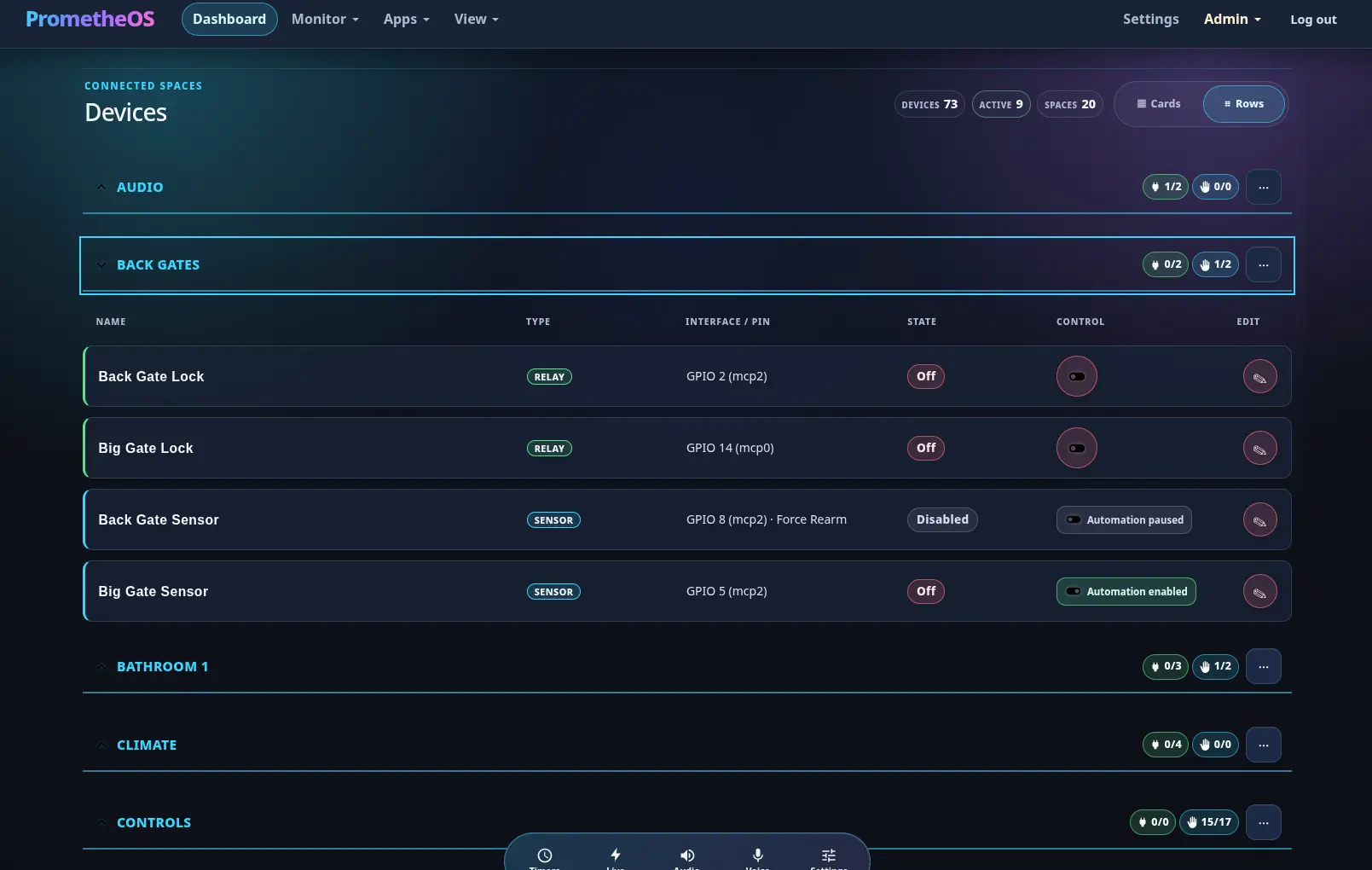 PrometheOS dashboard showing connected devices, live status, and controls